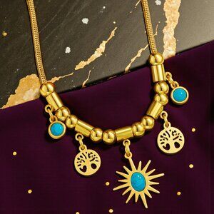 🆕18K Gold Plated Stainless Steel Turquoise Necklace Sun Tree Of Life Charms